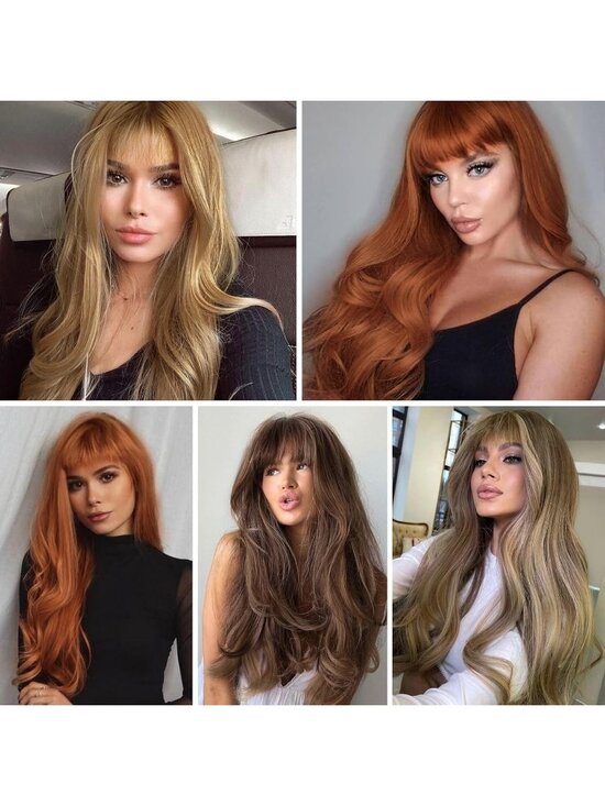 Women\'s Ash Blonde Resistant Long Curly Wavy Synthetic Wig with Bangs Size 26In main image 5